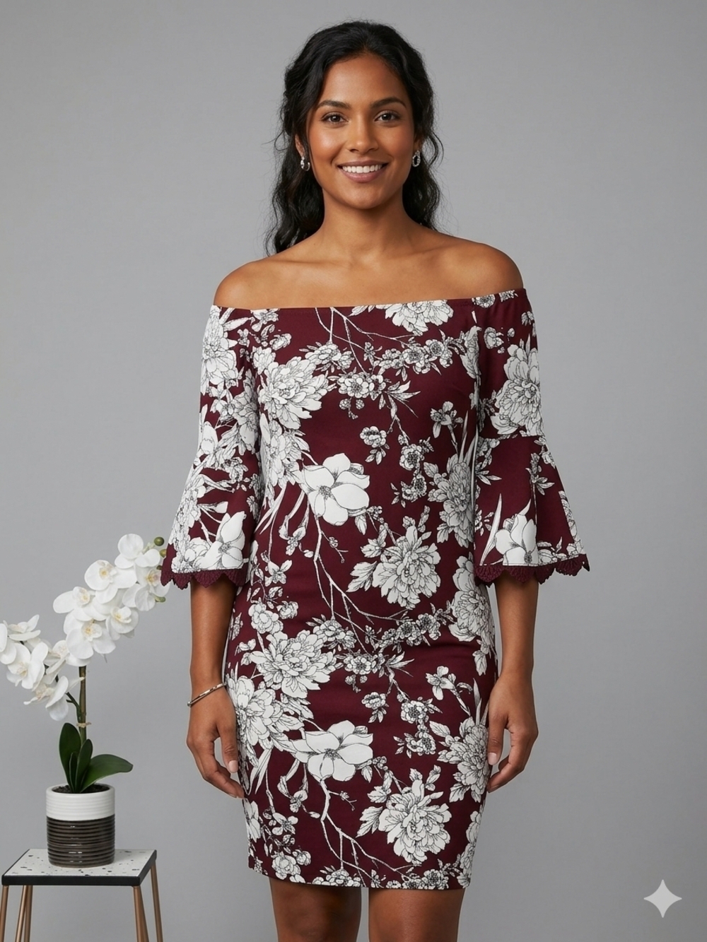 Rebecca Beeson Burgundy and White Off-Shoulder Floral Mini Dress